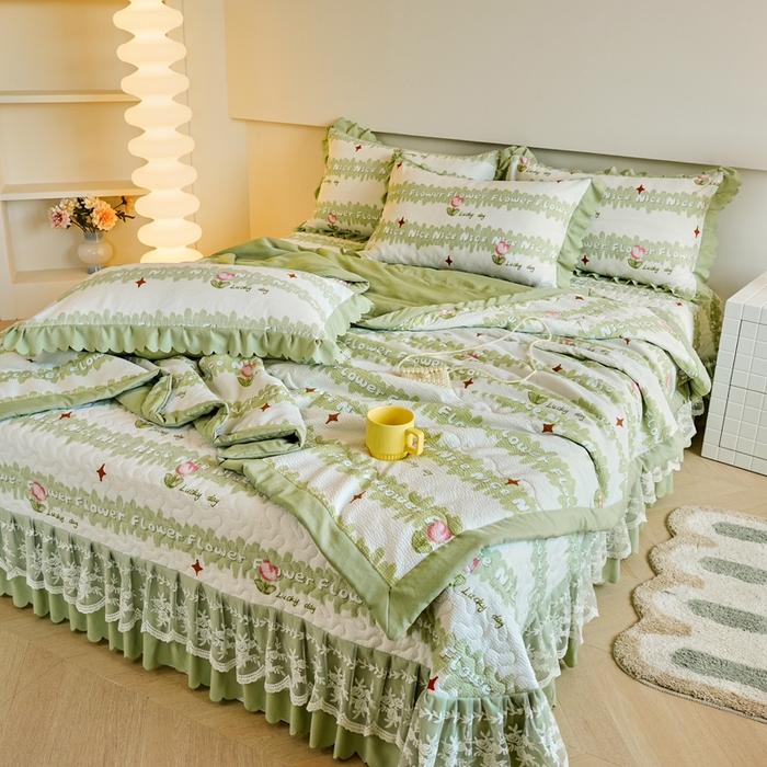 91家纺网 家纺一手货源 找家纺 美莱家纺 2024新款软糯泡泡棉蕾丝床盖床盖四件套单品系列-床盖夏被四件套 郁金香