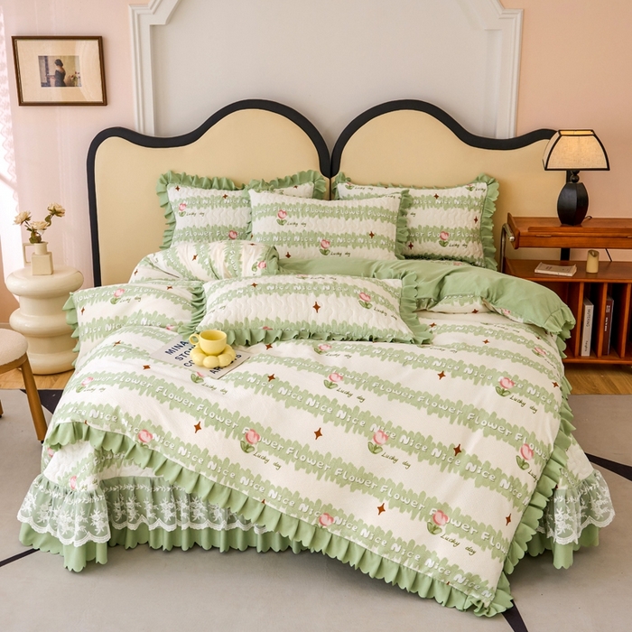 91家纺网 家纺一手货源 找家纺 美莱家纺 2024爆款蕾丝床盖三件套四件套【被套款】 郁金香-绿