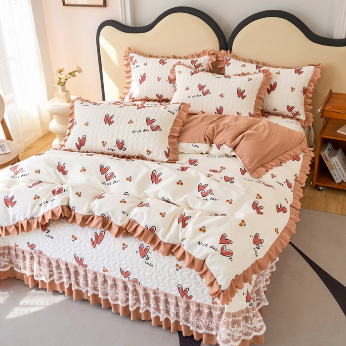 91家纺网 家纺一手货源 找家纺 美莱家纺 2024爆款蕾丝床盖三件套四件套【被套款】 甜心-咖