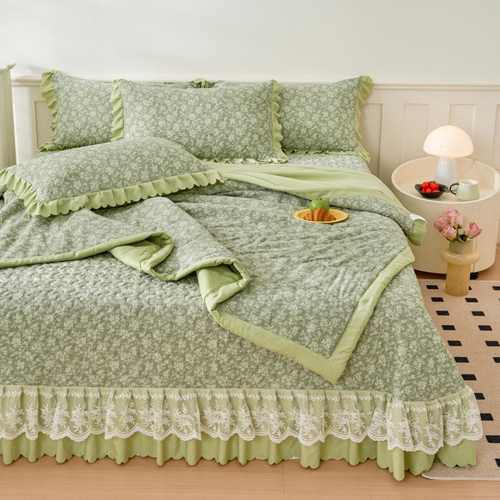 91家纺网 家纺一手货源 找家纺 美莱家纺 2024新款软糯泡泡棉蕾丝床盖床盖四件套单品系列-床盖夏被四件套 浅夕