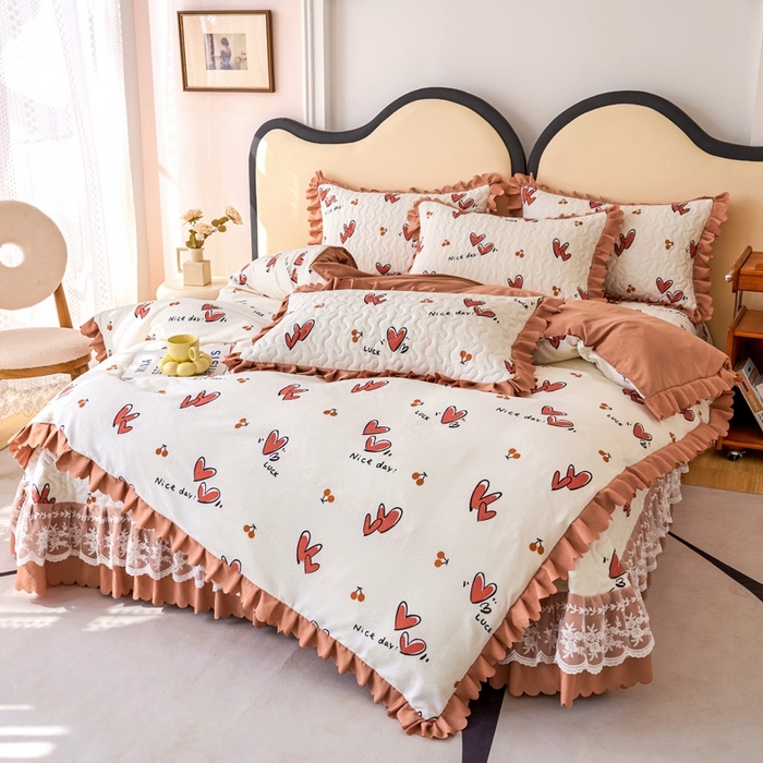 91家纺网 家纺一手货源 找家纺 美莱家纺 2024爆款蕾丝床盖三件套四件套【被套款】 甜心-咖