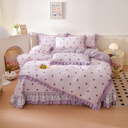 美莱家纺 2024爆款蕾丝床盖三件套四件套【被套款】 紫爱心