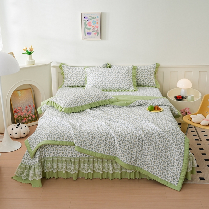 91家纺网 家纺一手货源 找家纺 美莱家纺 2024新款软糯泡泡棉蕾丝床盖床盖四件套单品系列-床盖夏被四件套 含羞草