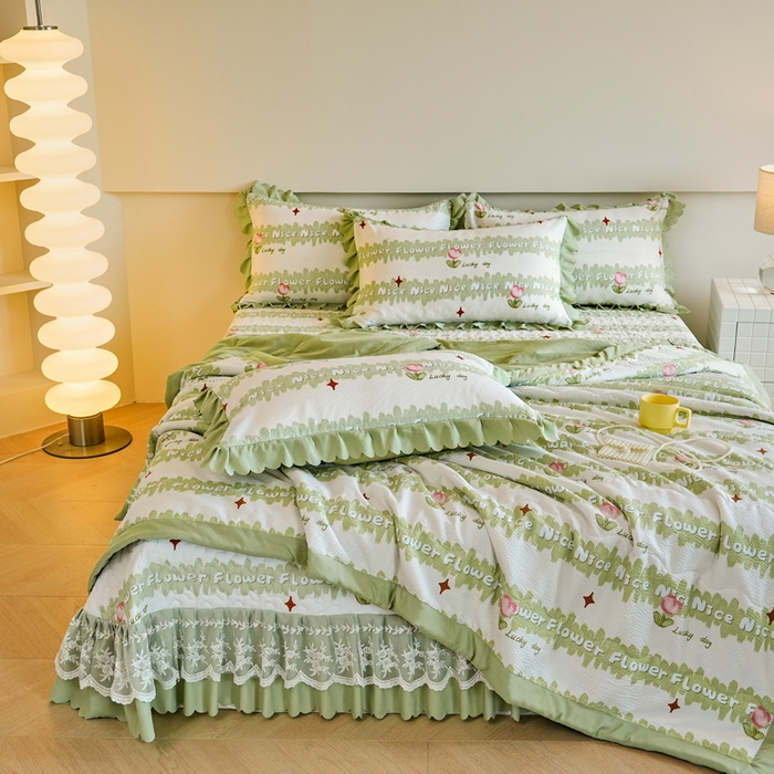 91家纺网 家纺一手货源 找家纺 美莱家纺 2024新款软糯泡泡棉蕾丝床盖床盖四件套单品系列-床盖夏被四件套 郁金香