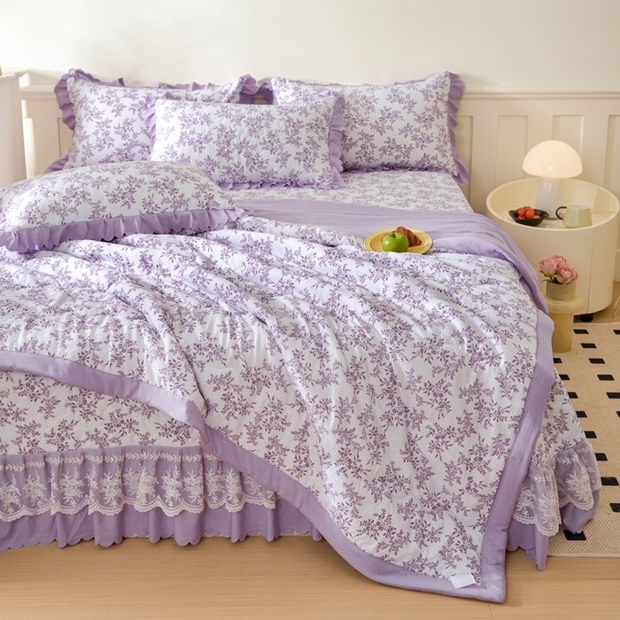 91家纺网 家纺一手货源 找家纺 美莱家纺 2024新款软糯泡泡棉蕾丝床盖床盖四件套单品系列-床盖夏被四件套 紫苏