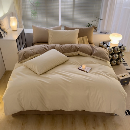 91家纺网 家纺一手货源 找家纺 颜选 2024新款简约纯色水洗棉四件套系列 奶茶+卡其