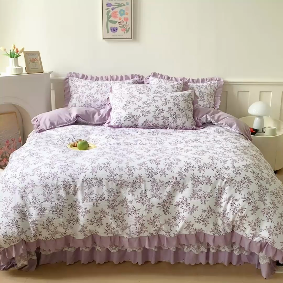 91家纺网 家纺一手货源 找家纺 美莱家纺 2024爆款蕾丝床盖三件套四件套【被套款】 紫苏