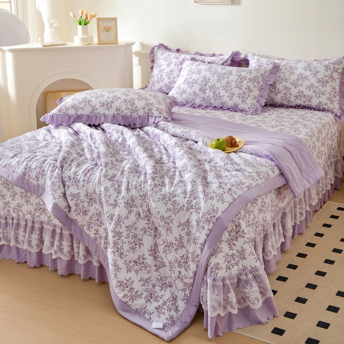 91家纺网 家纺一手货源 找家纺 美莱家纺 2024新款软糯泡泡棉蕾丝床盖床盖四件套单品系列-床盖夏被四件套 紫苏