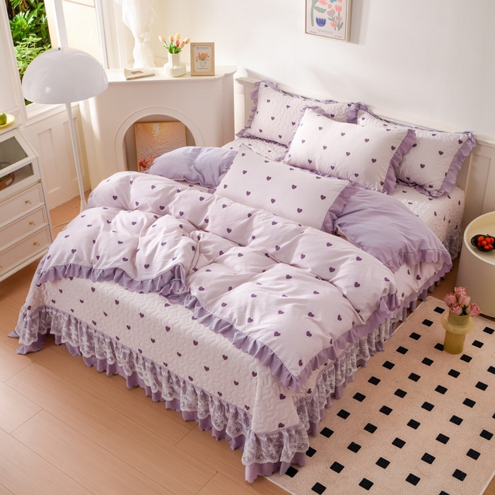 91家纺网 家纺一手货源 找家纺 美莱家纺 2024爆款蕾丝床盖三件套四件套【被套款】 紫爱心