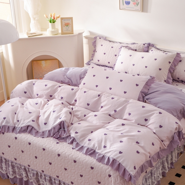 91家纺网 家纺一手货源 找家纺 美莱家纺 2024爆款蕾丝床盖三件套四件套【被套款】 紫爱心