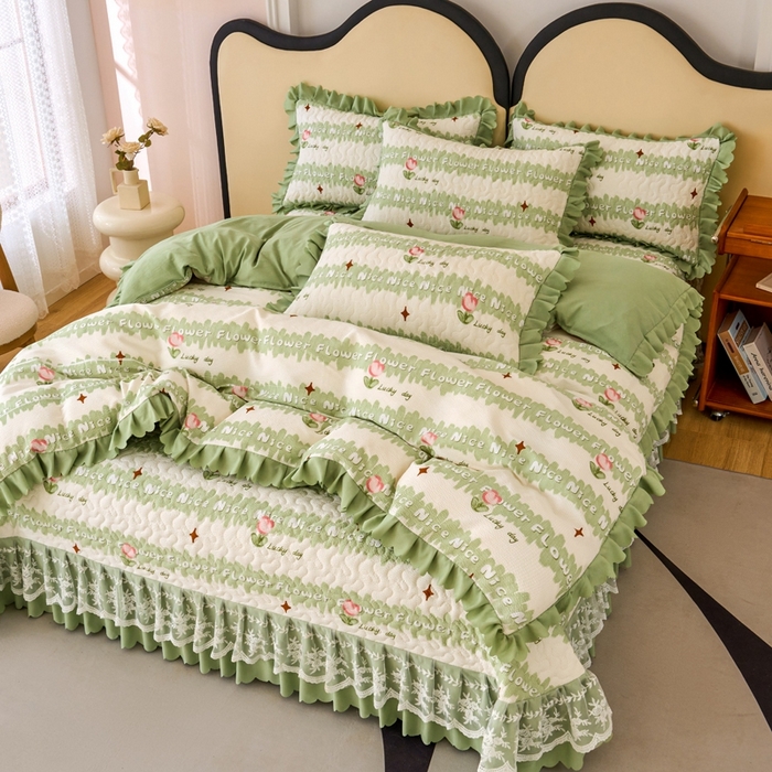 91家纺网 家纺一手货源 找家纺 美莱家纺 2024爆款蕾丝床盖三件套四件套【被套款】 郁金香-绿