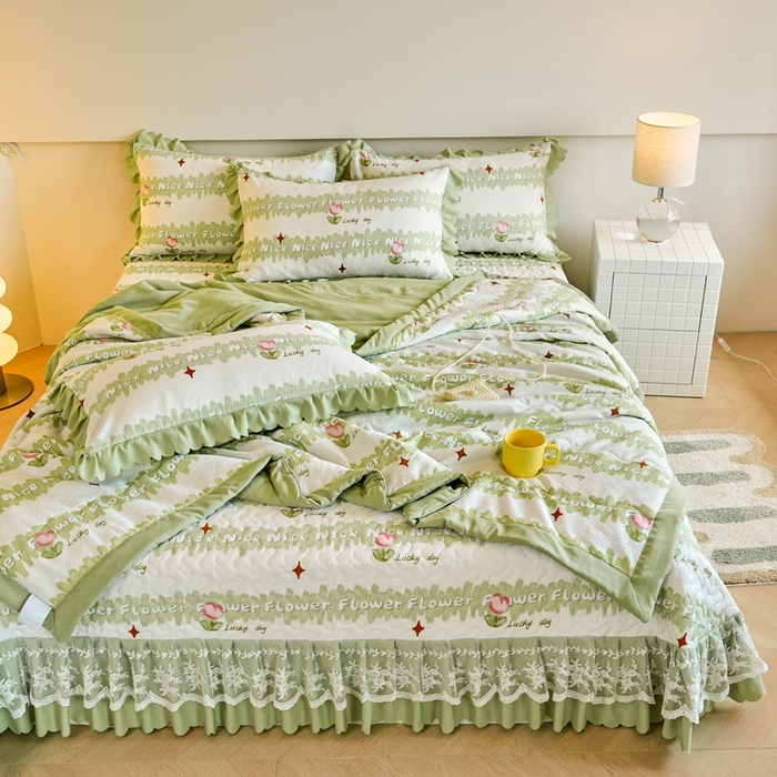 91家纺网 家纺一手货源 找家纺 美莱家纺 2024新款软糯泡泡棉蕾丝床盖床盖四件套单品系列-床盖夏被四件套 郁金香