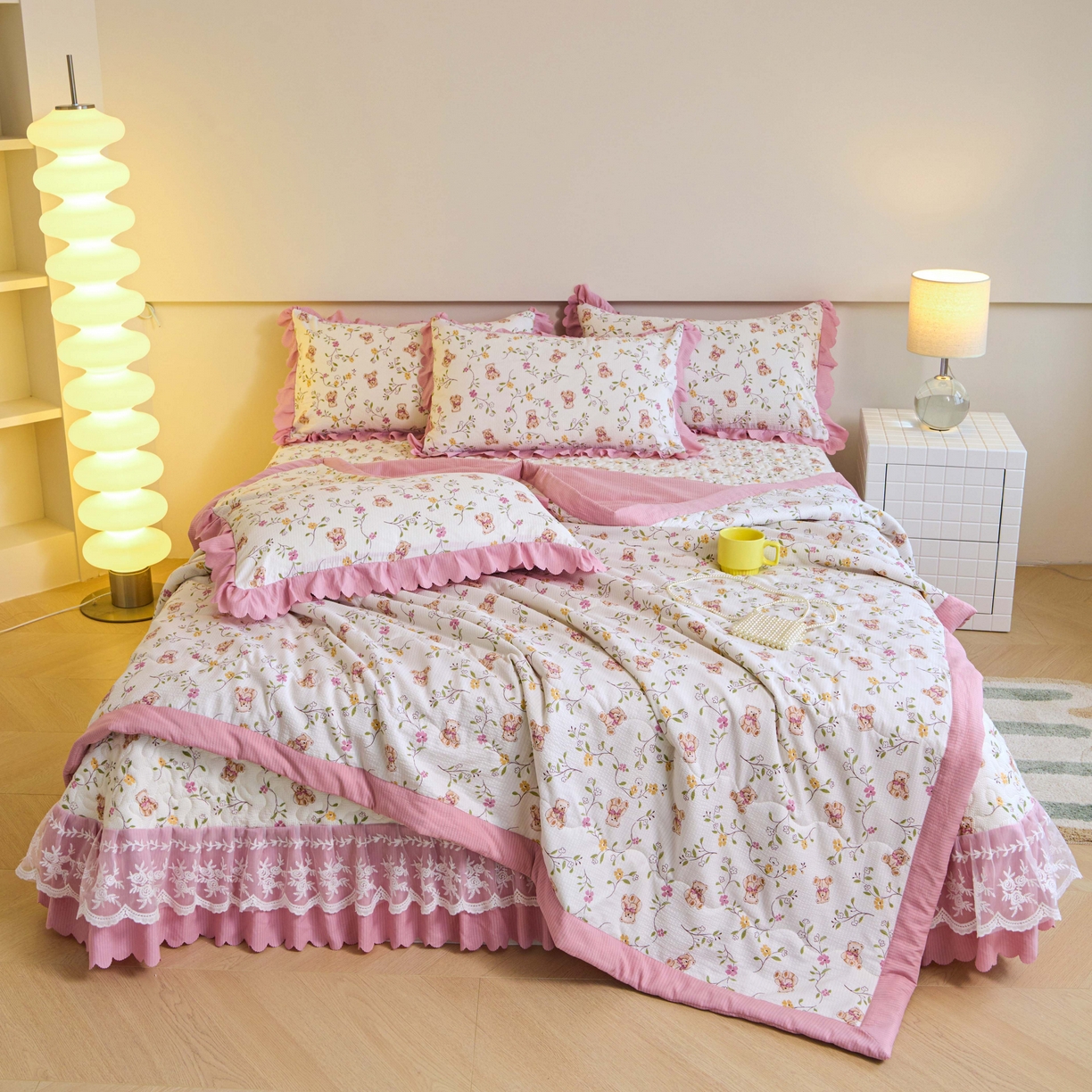 91家纺网 家纺一手货源 找家纺 美莱家纺 2024新款软糯泡泡棉蕾丝床盖床盖四件套单品系列-床盖夏被四件套 春意