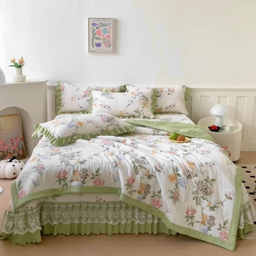 91家纺网 家纺一手货源 找家纺 美莱家纺 2024新款软糯泡泡棉蕾丝床盖床盖四件套单品系列-床盖夏被四件套 俏佳人