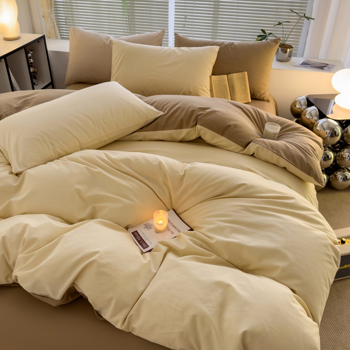 91家纺网 家纺一手货源 找家纺 颜选 2024新款简约纯色水洗棉四件套系列 奶茶+卡其