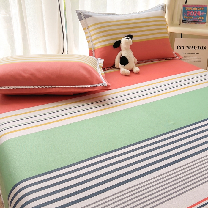 91家纺网 家纺一手货源 找家纺 新印象 2025新款花边老粗布床单款床笠款三件套 彩虹条