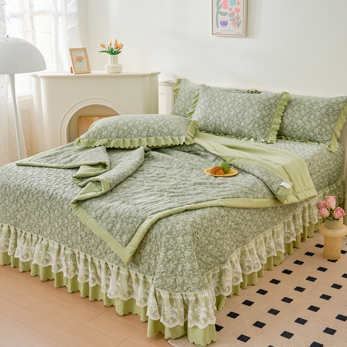 91家纺网 家纺一手货源 找家纺 美莱家纺 2024新款软糯泡泡棉蕾丝床盖床盖四件套单品系列-床盖夏被四件套 浅夕