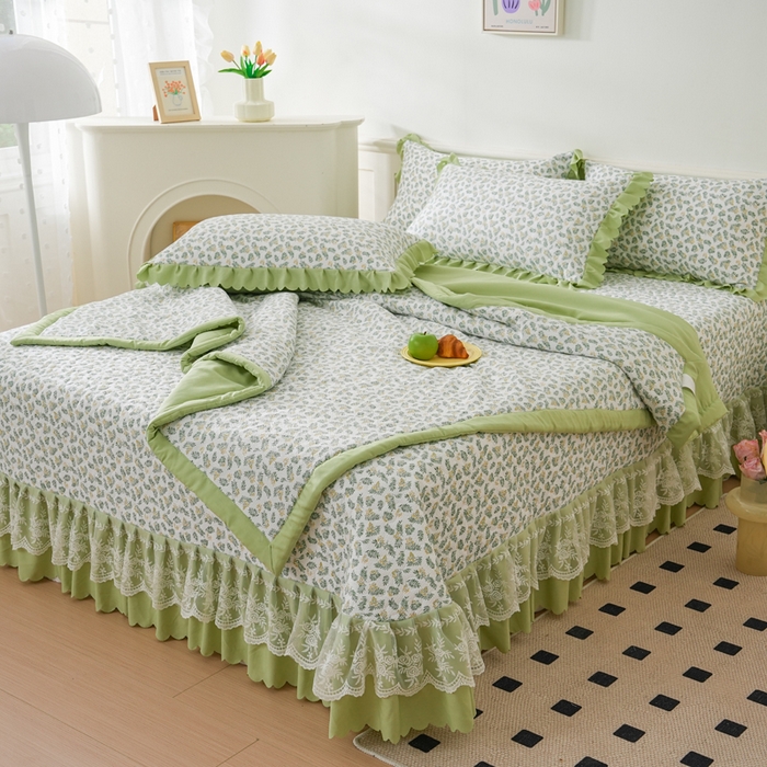 91家纺网 家纺一手货源 找家纺 美莱家纺 2024新款软糯泡泡棉蕾丝床盖床盖四件套单品系列-床盖夏被四件套 含羞草