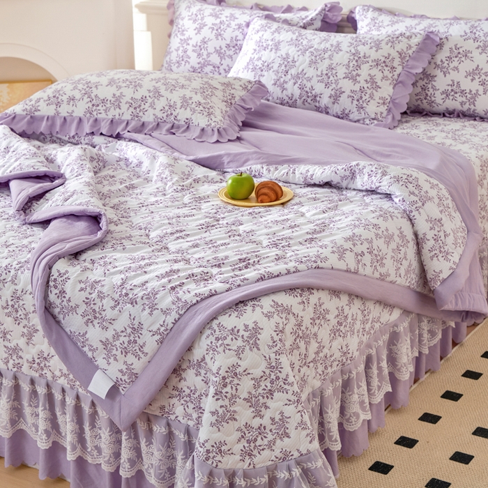 91家纺网 家纺一手货源 找家纺 美莱家纺 2024新款软糯泡泡棉蕾丝床盖床盖四件套单品系列-床盖夏被四件套 紫苏