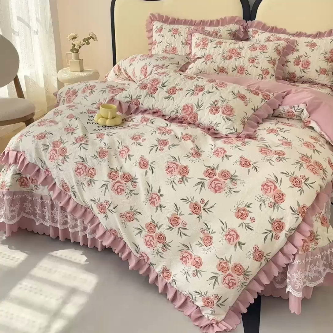 91家纺网 家纺一手货源 找家纺 美莱家纺 2024爆款蕾丝床盖三件套四件套【被套款】 春意