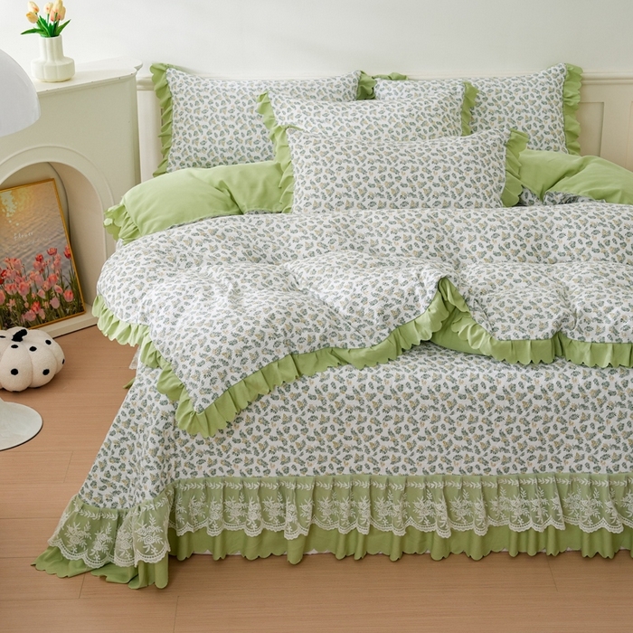 91家纺网 家纺一手货源 找家纺 美莱家纺 2024爆款蕾丝床盖三件套四件套【被套款】 含羞草