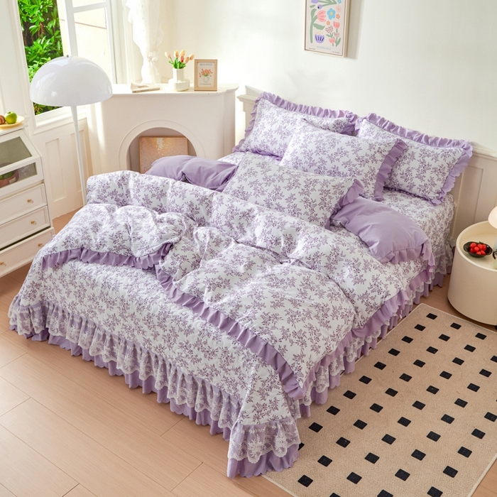 91家纺网 家纺一手货源 找家纺 美莱家纺 2024爆款蕾丝床盖三件套四件套【被套款】 紫苏