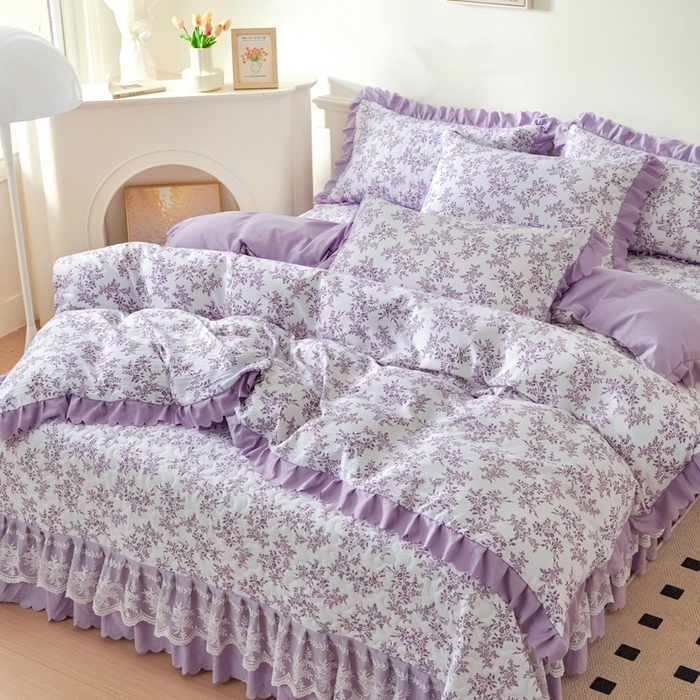 91家纺网 家纺一手货源 找家纺 美莱家纺 2024爆款蕾丝床盖三件套四件套【被套款】 紫苏