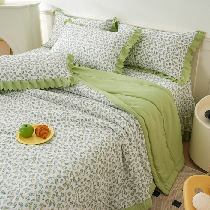 91家纺网 家纺一手货源 找家纺 美莱家纺 2024新款软糯泡泡棉蕾丝床盖床盖四件套单品系列-床盖夏被四件套 含羞草