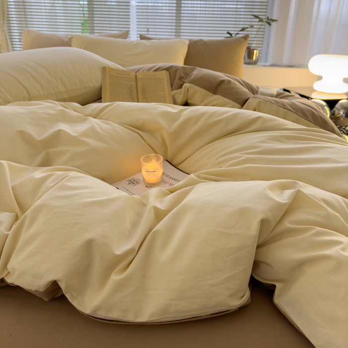 91家纺网 家纺一手货源 找家纺 颜选 2024新款简约纯色水洗棉四件套系列 奶茶+卡其