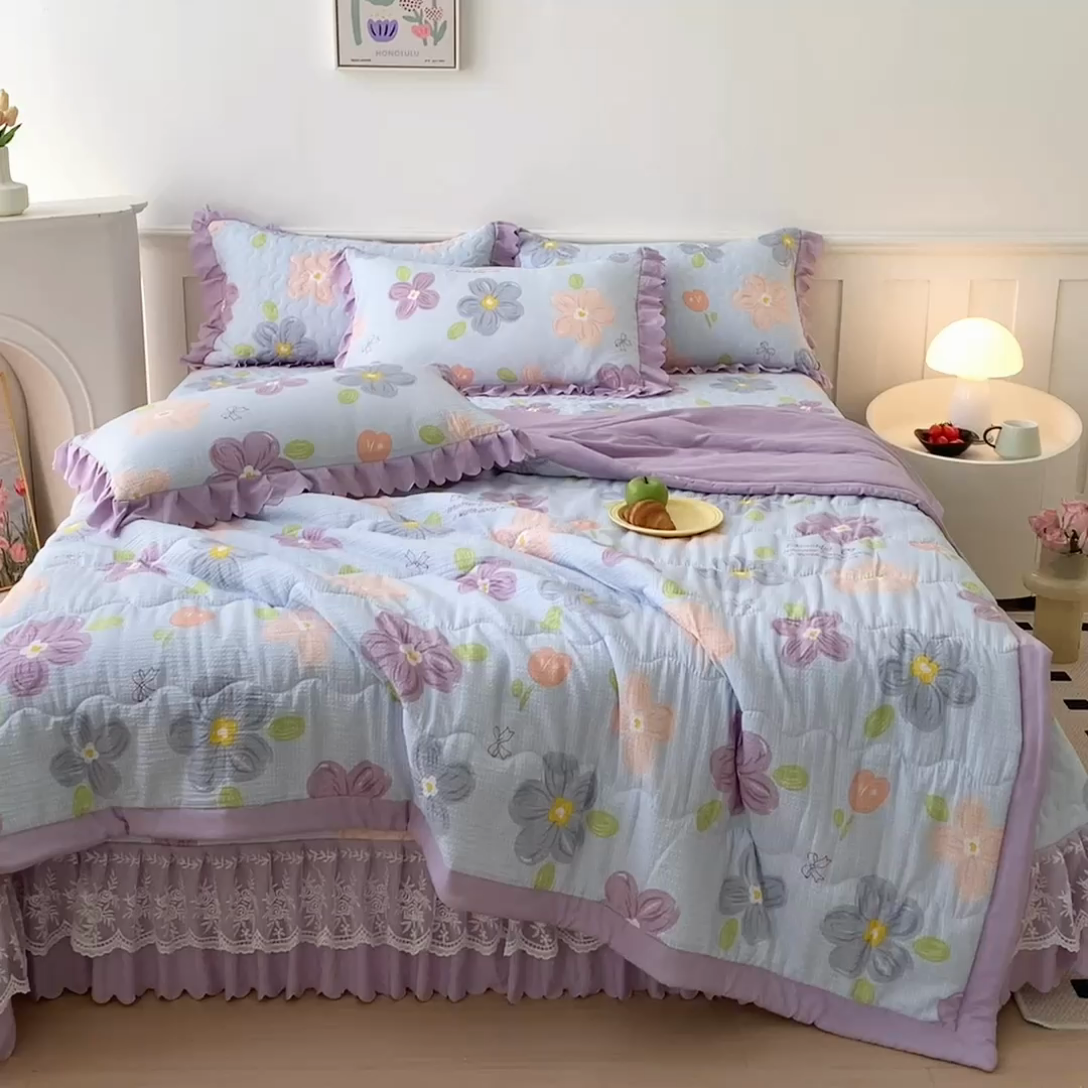 91家纺网 家纺一手货源 找家纺 美莱家纺 2024新款软糯泡泡棉蕾丝床盖床盖四件套单品系列-床盖夏被四件套 夏花