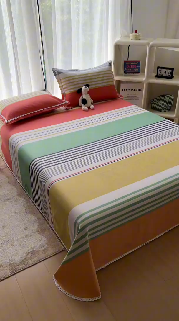 91家纺网 家纺一手货源 找家纺 新印象 2025新款花边老粗布床单款床笠款三件套 彩虹条