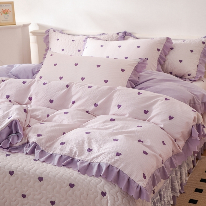 91家纺网 家纺一手货源 找家纺 美莱家纺 2024爆款蕾丝床盖三件套四件套【被套款】 紫爱心