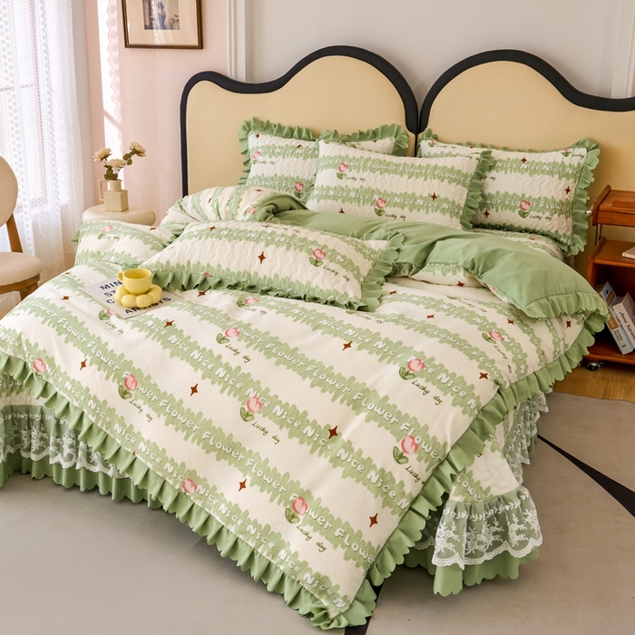 91家纺网 家纺一手货源 找家纺 美莱家纺 2024爆款蕾丝床盖三件套四件套【被套款】 郁金香-绿