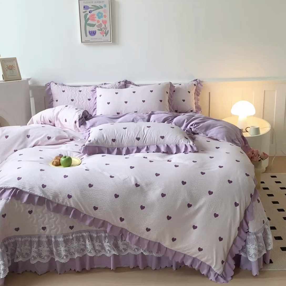 91家纺网 家纺一手货源 找家纺 美莱家纺 2024爆款蕾丝床盖三件套四件套【被套款】 紫爱心