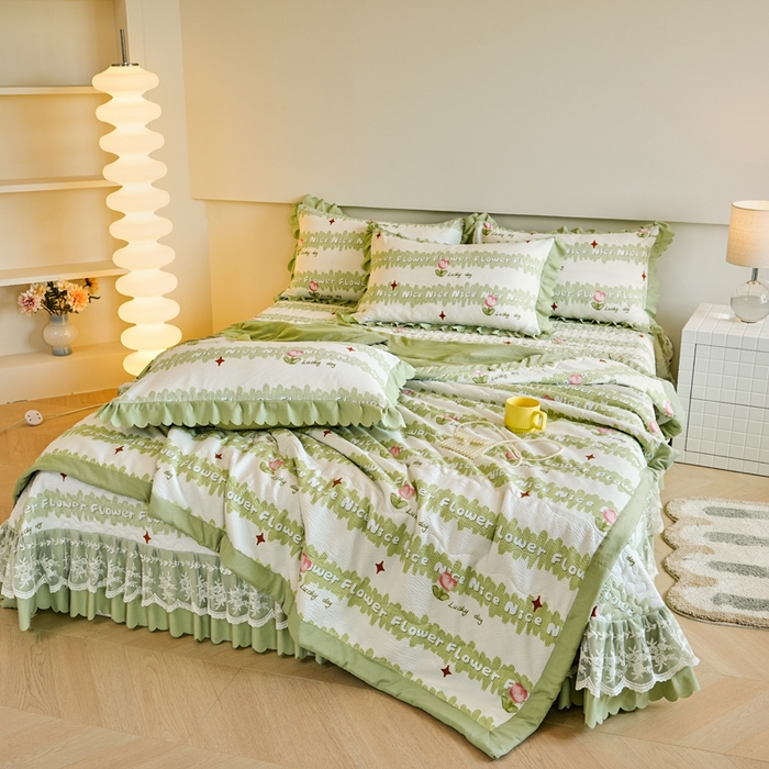 91家纺网 家纺一手货源 找家纺 美莱家纺 2024新款软糯泡泡棉蕾丝床盖床盖四件套单品系列-床盖夏被四件套 郁金香