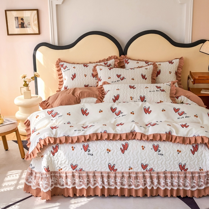 91家纺网 家纺一手货源 找家纺 美莱家纺 2024爆款蕾丝床盖三件套四件套【被套款】 甜心-咖