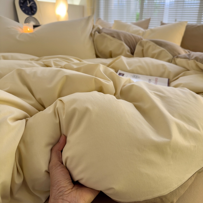 91家纺网 家纺一手货源 找家纺 颜选 2024新款简约纯色水洗棉四件套系列 奶茶+卡其