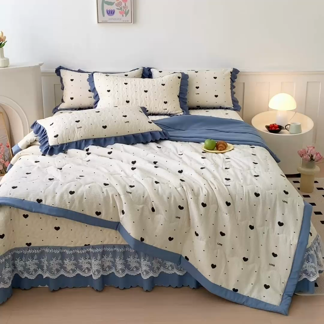91家纺网 家纺一手货源 找家纺 美莱家纺 2024新款软糯泡泡棉蕾丝床盖床盖四件套单品系列-床盖夏被四件套 心动