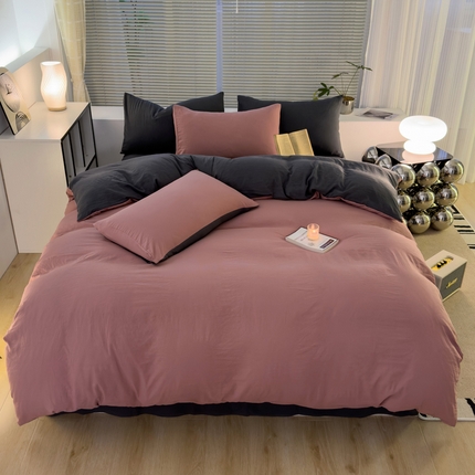 91家纺网 家纺一手货源 找家纺 颜选 2024新款简约纯色水洗棉四件套系列 豆沙+深灰
