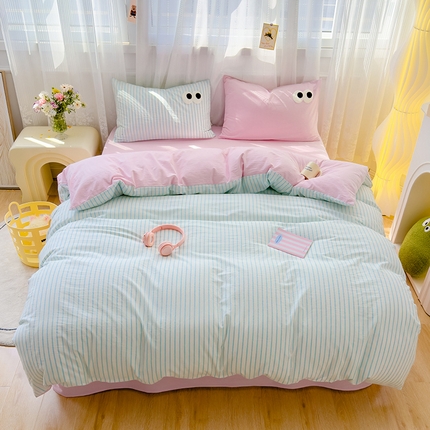 颜选 2024新款亲肤舒适水洗棉四件套-大眼睛系列 绿条纹+玉