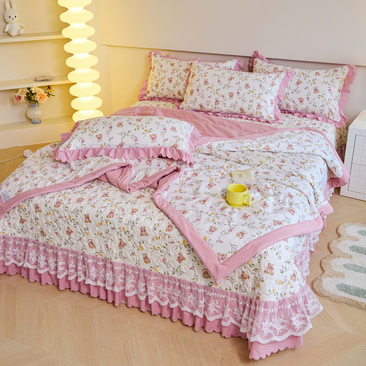 91家纺网 家纺一手货源 找家纺 美莱家纺 2024新款软糯泡泡棉蕾丝床盖床盖四件套单品系列-床盖夏被四件套 春意