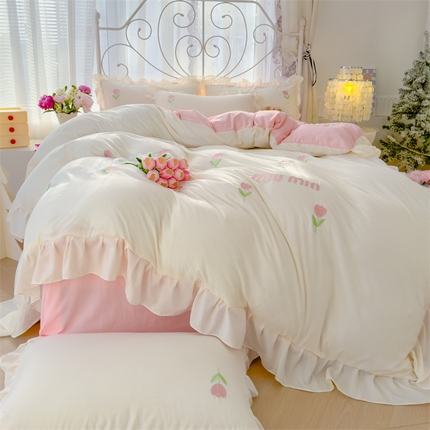 91家纺网 家纺一手货源 找家纺 灰鲸 2025新款水洗双层纱miumin郁金香刺绣四件套 miumin郁金香-奶白拼仙粉