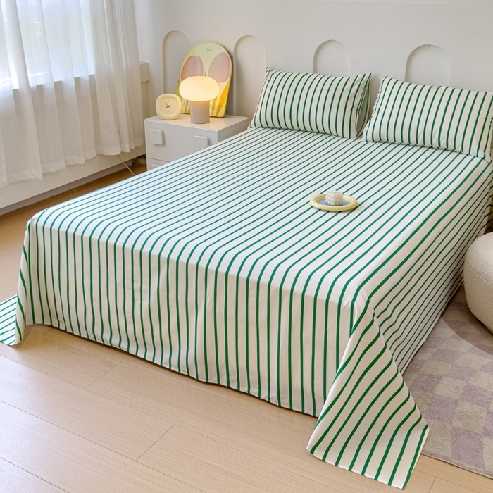 91家纺网 家纺一手货源 找家纺 感遇家纺 2024新款纯棉床单床笠枕套 床单款-墨绿条纹
