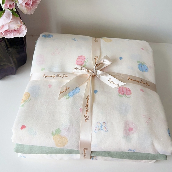 91家纺网 家纺一手货源 找家纺 麦伦家居 2024春夏新品全棉有氧双层纱印花系列四件套（叠拍图） 小南瓜