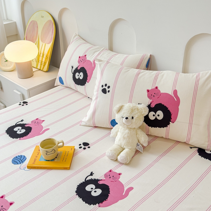 91家纺网 家纺一手货源 找家纺 感遇家纺 2024新款纯棉床单床笠枕套 床笠款-粉条小猫