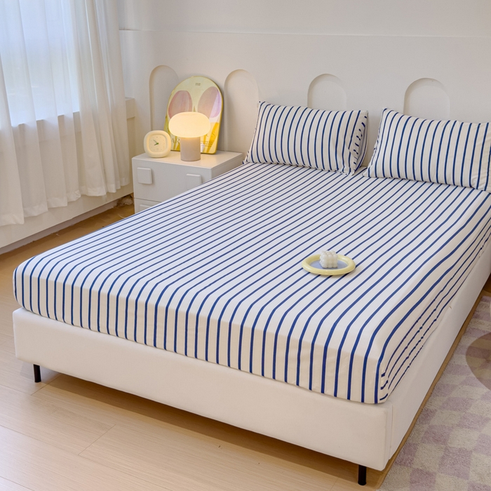 91家纺网 家纺一手货源 找家纺 感遇家纺 2024新款纯棉床单床笠枕套 床笠款-蓝条纹