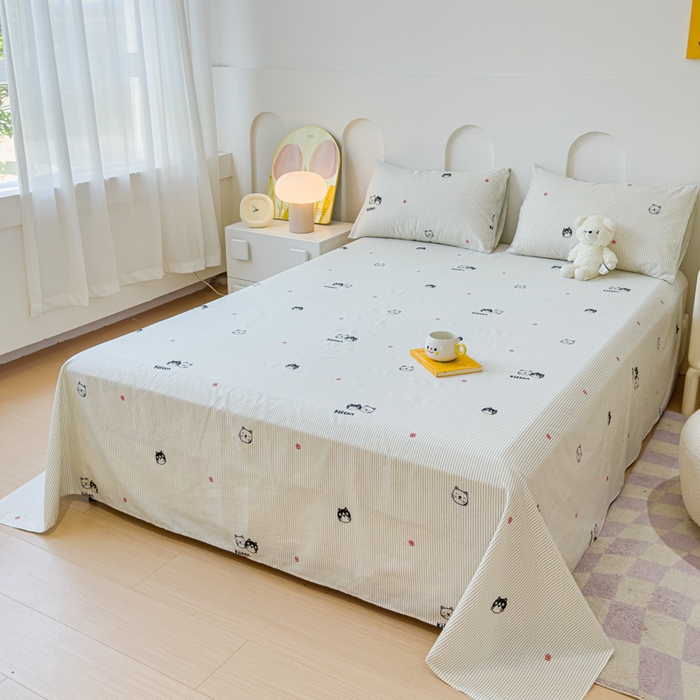 91家纺网 家纺一手货源 找家纺 感遇家纺 2024新款纯棉床单床笠枕套 床单款-灰条猫咪