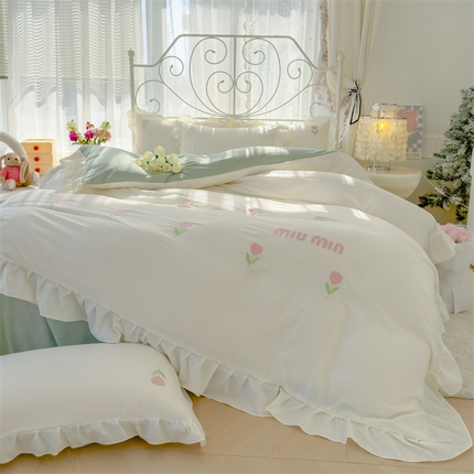 91家纺网 家纺一手货源 找家纺 （总）灰鲸 2025新款水洗双层纱miumin郁金香刺绣四件套