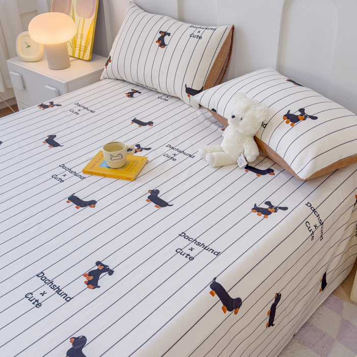 91家纺网 家纺一手货源 找家纺 感遇家纺 2024新款纯棉床单床笠枕套 床单款-腊肠犬