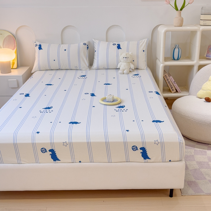 91家纺网 家纺一手货源 找家纺 感遇家纺 2024新款纯棉床单床笠枕套 床笠款-蓝条恐龙